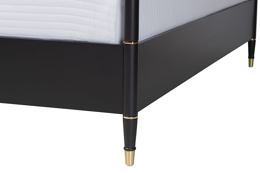 Tamra Four-Poster Platform Bed - Black Wood Bed Frame with Metallic Trim and Capped Legs, Modern Transitional Bedroom Furniture, King