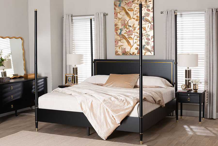 Tamra Four-Poster Platform Bed - Black Wood Bed Frame with Metallic Trim and Capped Legs, Modern Transitional Bedroom Furniture, King