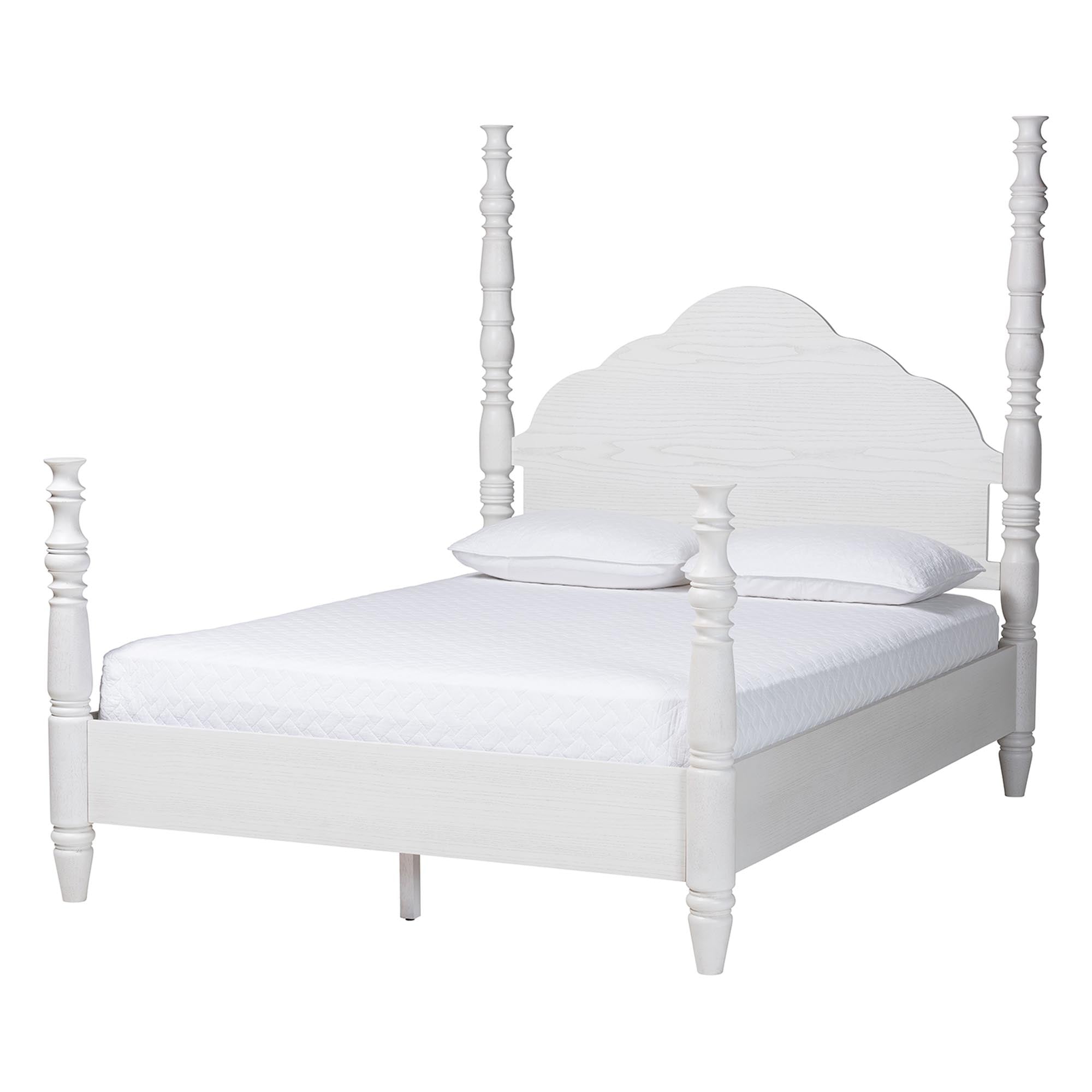 Baxton Studio Martino Four-Poster Platform Bed - Sculpted Post Bed Frame with Panel Headboard, Vintage Spindle Bed, White, Queen