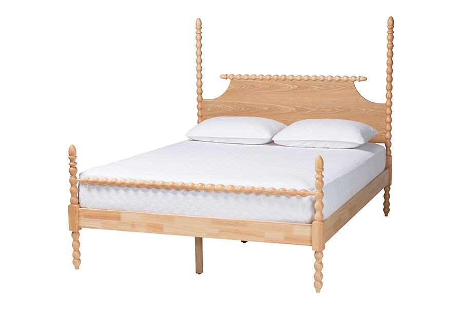 Caliana Bobbin Four-Poster Platform Bed - Wooden Bed Frame with Turned Spindle Posts and Panel Headboard, Vintage-Inspired Bedroom Furniture, Natural Brown, Queen