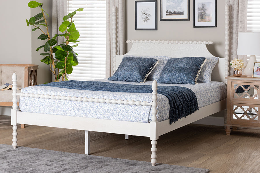 Caliana Bobbin Four-Poster Platform Bed - Wooden Bed Frame with Turned Spindle Posts and Panel Headboard, Vintage-Inspired Bedroom Furniture, White, King