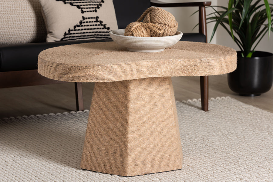 bali & pari Lenka Natural Jute Coffee Table - Textured Handwoven Cocktail Table with Sculptural Base and Irregular Top for Living Room or Lounge