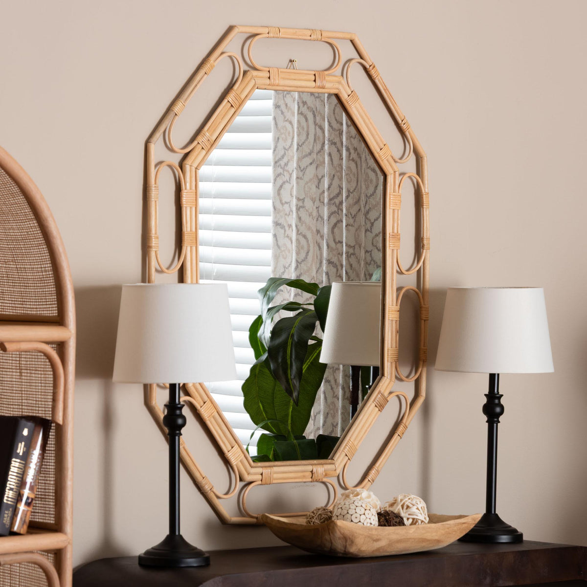 Remedy Octagonal Natural Rattan Wall Mirror - Handwoven Accent Mirror with Open Loop Detailing, Boho Coastal Style for Entryway, Bedroom, or Living Room Decor