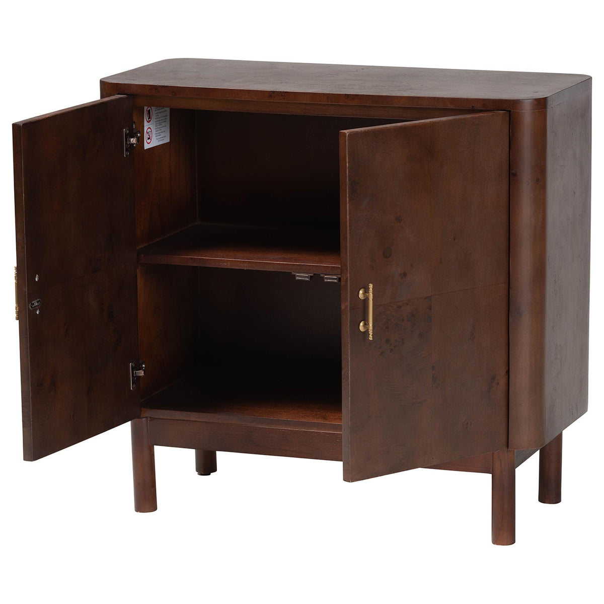 Latika Real Burl Wood Storage Cabinet in Dark Walnut Brown - Modern Accent Cupboard with Double Doors and Brass Handles, Elegant Sideboard for Entryway, Living Room, or Dining Area