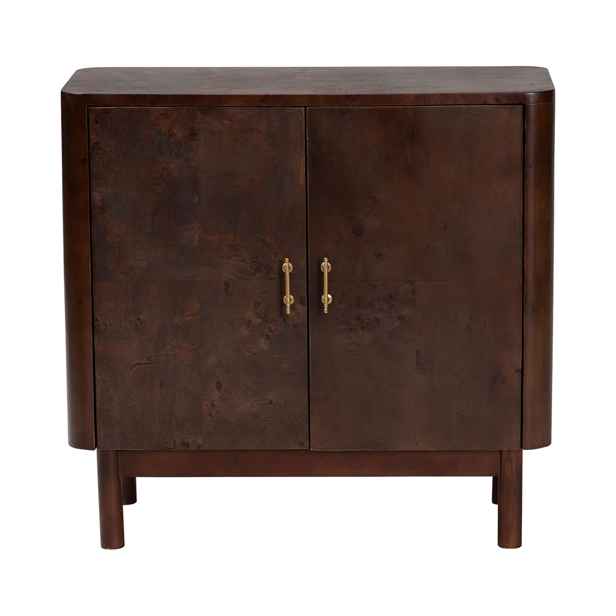 Latika Real Burl Wood Storage Cabinet in Dark Walnut Brown - Modern Accent Cupboard with Double Doors and Brass Handles, Elegant Sideboard for Entryway, Living Room, or Dining Area