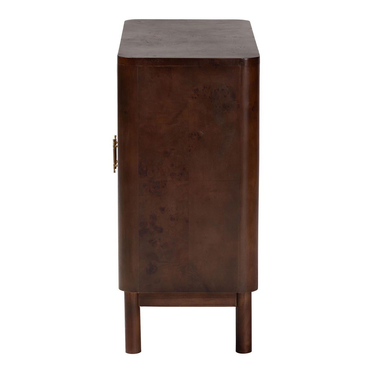 Latika Real Burl Wood Storage Cabinet in Dark Walnut Brown - Modern Accent Cupboard with Double Doors and Brass Handles, Elegant Sideboard for Entryway, Living Room, or Dining Area
