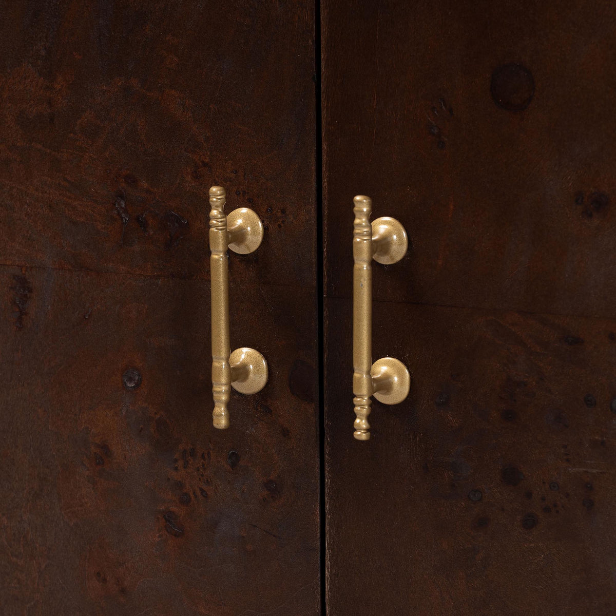Latika Real Burl Wood Storage Cabinet in Dark Walnut Brown - Modern Accent Cupboard with Double Doors and Brass Handles, Elegant Sideboard for Entryway, Living Room, or Dining Area