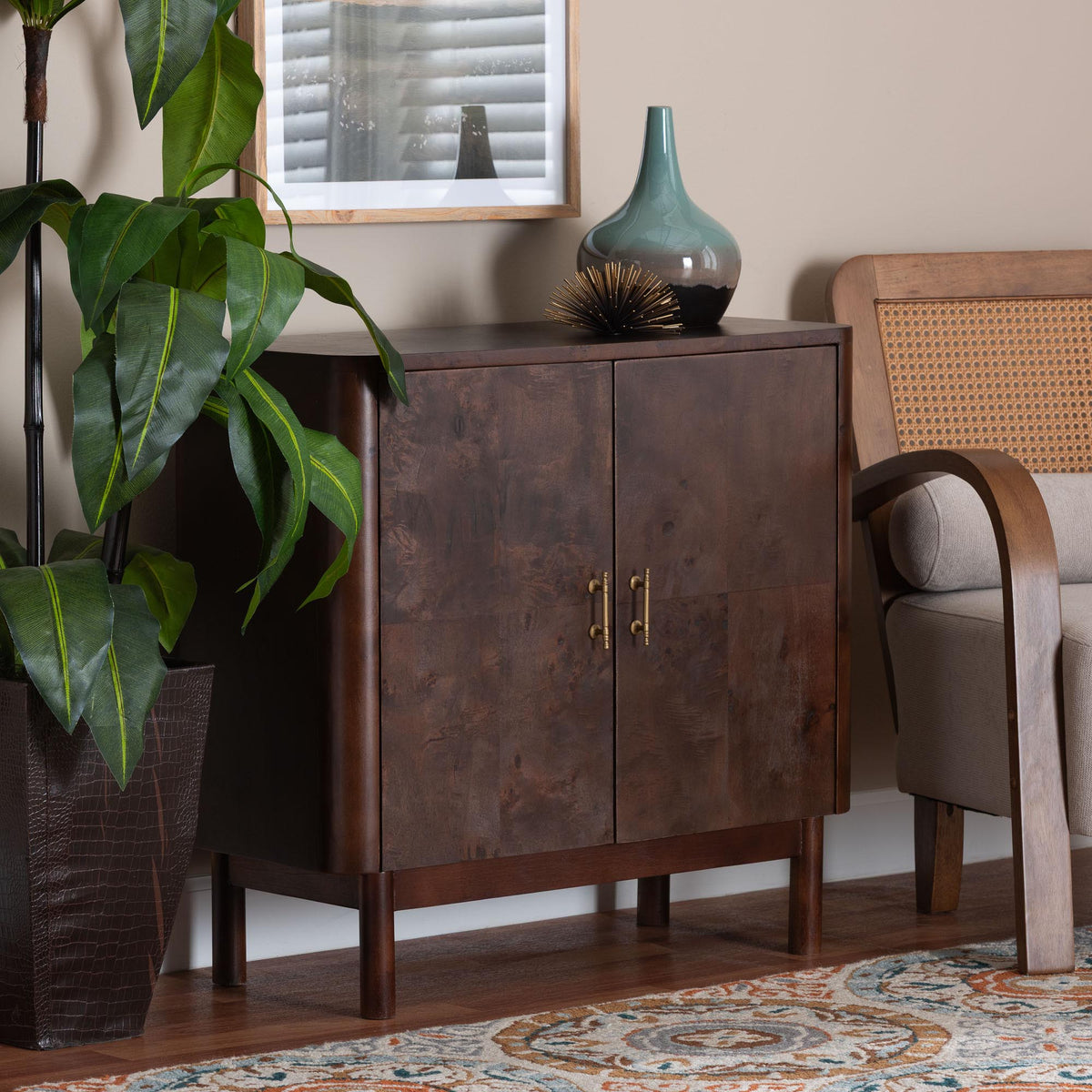 Latika Real Burl Wood Storage Cabinet in Dark Walnut Brown - Modern Accent Cupboard with Double Doors and Brass Handles, Elegant Sideboard for Entryway, Living Room, or Dining Area
