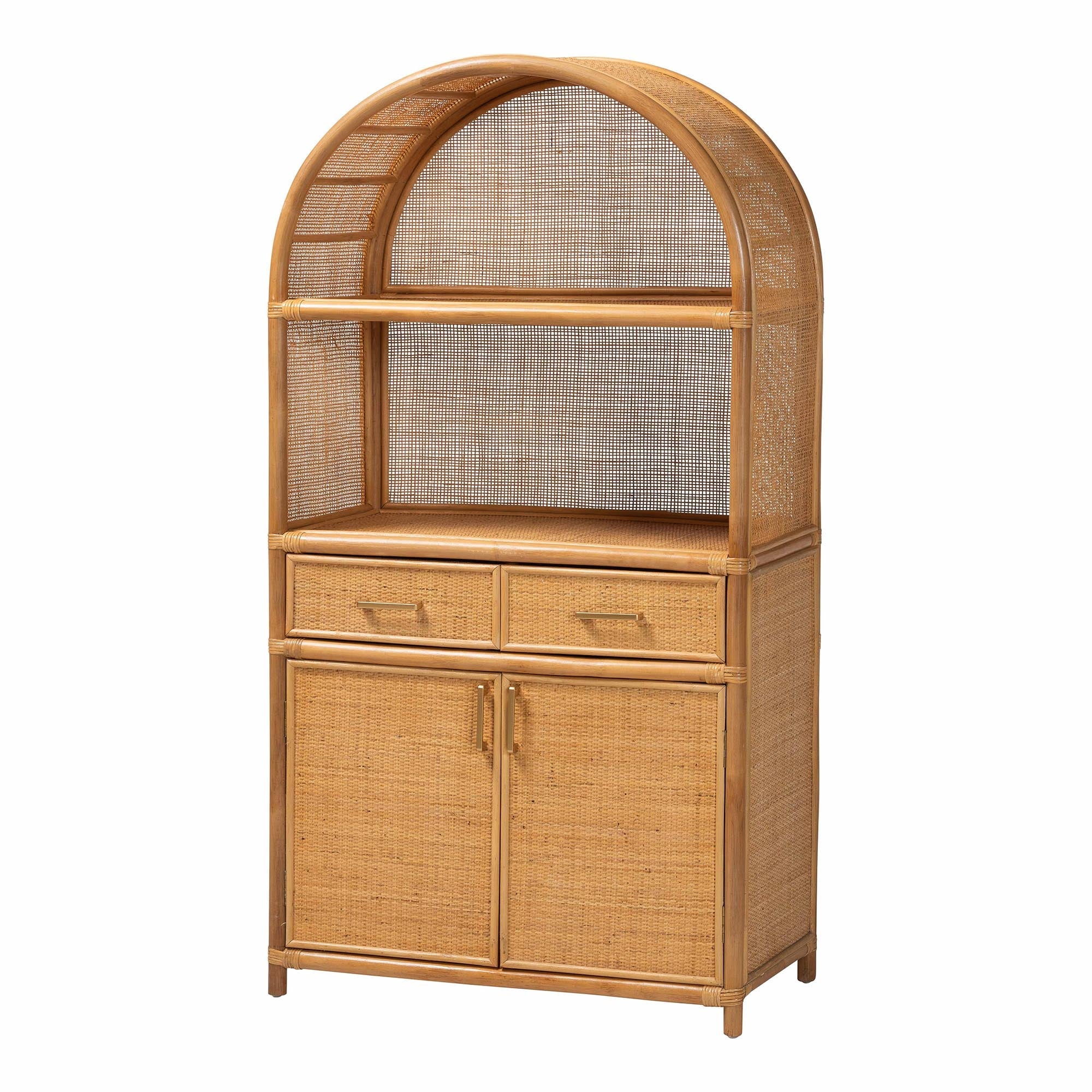 Mairen Arched Natural Rattan Storage Cabinet - Handwoven Pole Rattan Hutch with Two Drawers and Doors, Boho Coastal Display Cabinet for Dining Room or Living Space