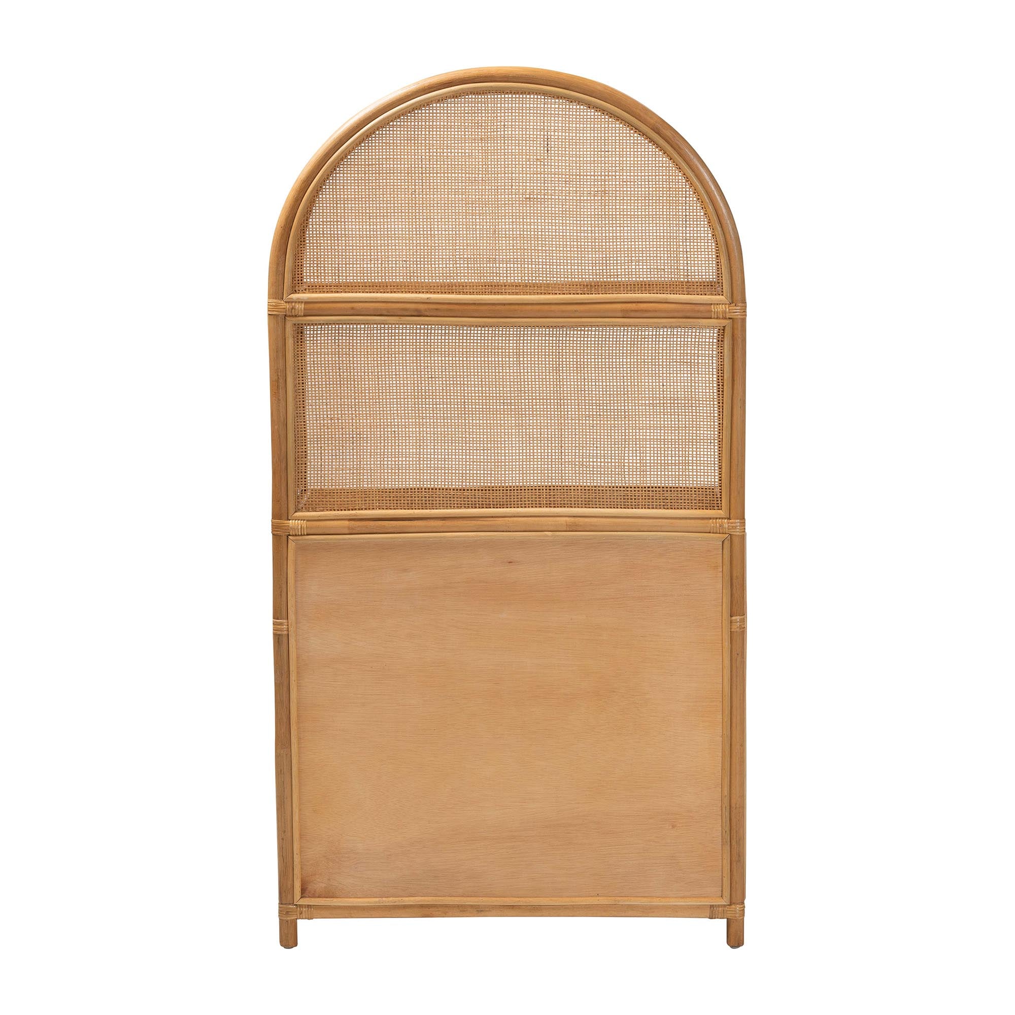 Mairen Arched Natural Rattan Storage Cabinet - Handwoven Pole Rattan Hutch with Two Drawers and Doors, Boho Coastal Display Cabinet for Dining Room or Living Space