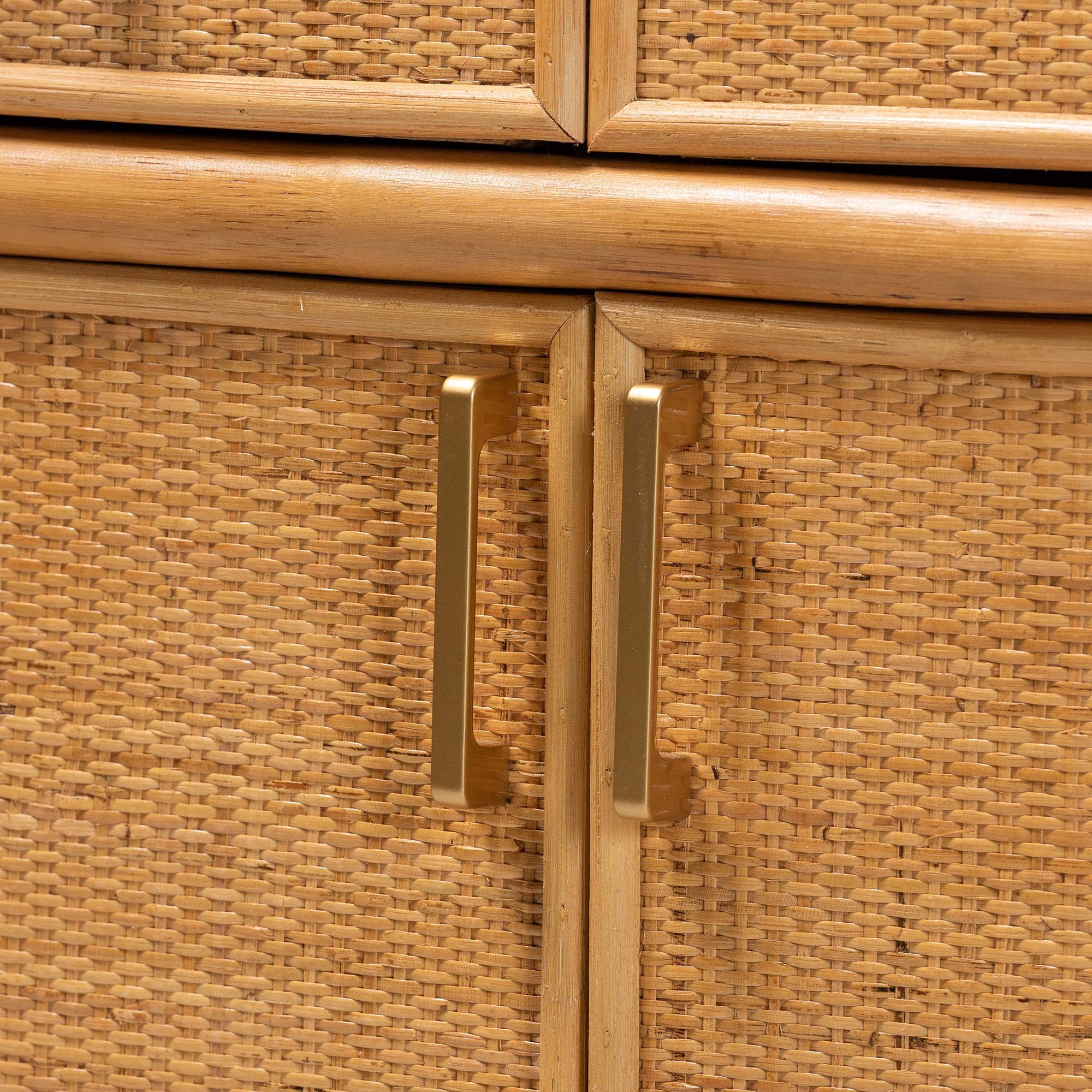 Mairen Arched Natural Rattan Storage Cabinet - Handwoven Pole Rattan Hutch with Two Drawers and Doors, Boho Coastal Display Cabinet for Dining Room or Living Space