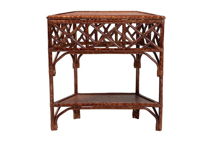 Gaspar Marbled Tortoise Natural Rattan Console Table - Handcrafted Accent Table with Chippendale Design, Coastal Tropical Style for Entryway, Hallway, or Living Room