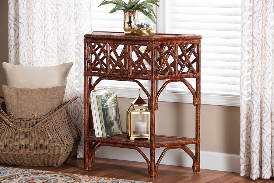 Gaspar Marbled Tortoise Natural Rattan Console Table - Handcrafted Accent Table with Chippendale Design, Coastal Tropical Style for Entryway, Hallway, or Living Room