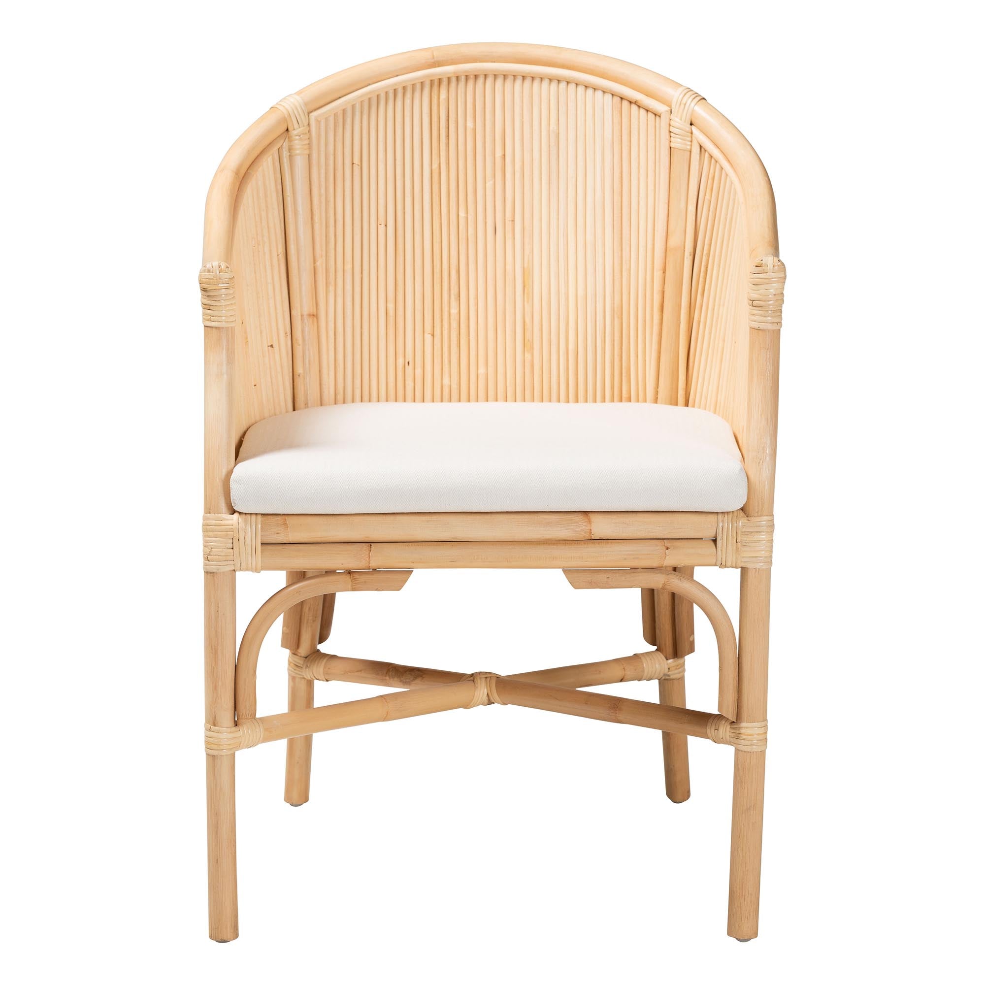 Hollis Natural Rattan Barrel Chair with Cushion - Handcrafted Accent Armchair with Laminated Rattan Pole Back, Coastal Boho Seating for Living Room or Bedroom