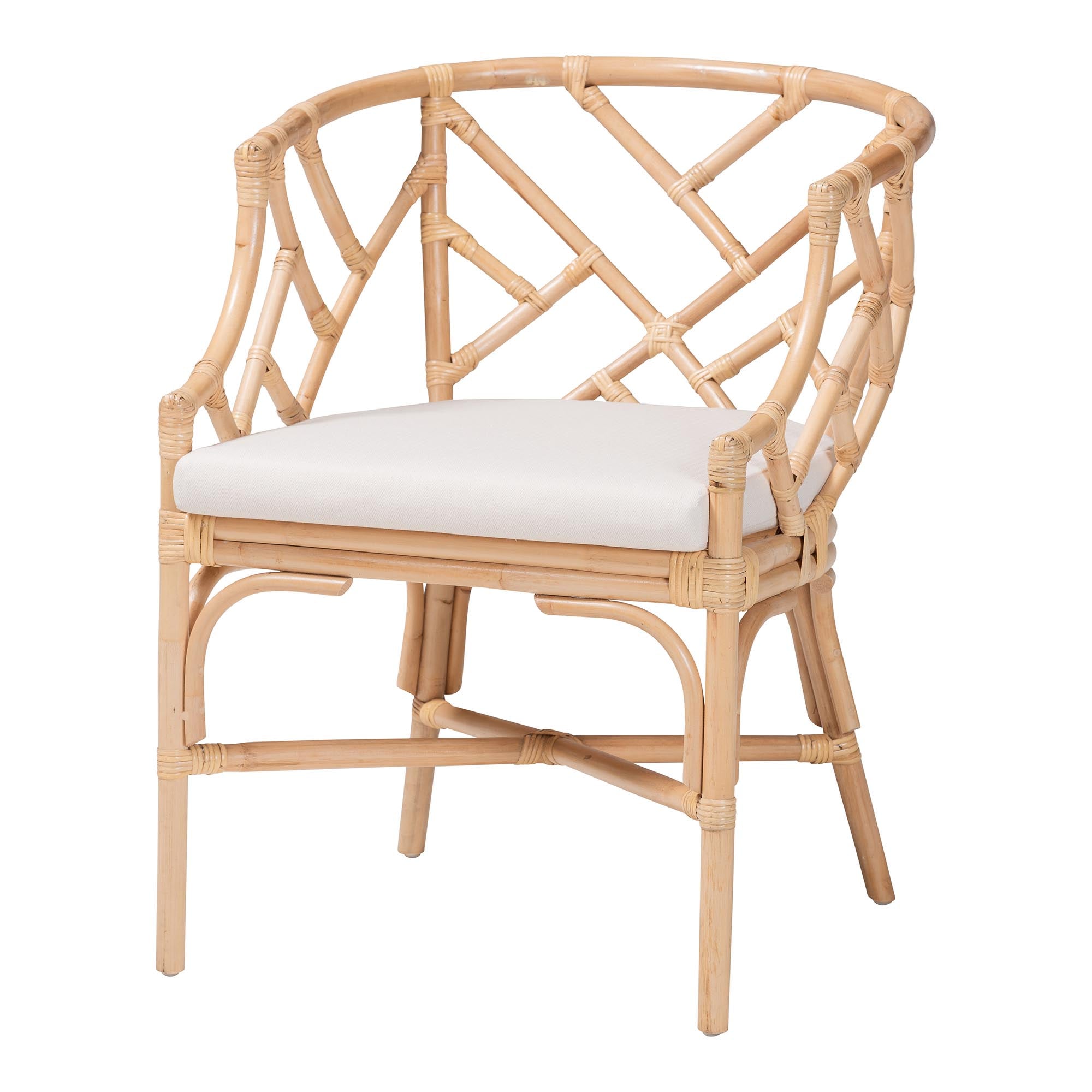 bali & pari Padma Natural Rattan Dining Chair - Handwoven Barrel Accent Chair with Bamboo-Style Frame and Lattice Detail for Boho, Coastal, or Tropical Dining or Lounge Area