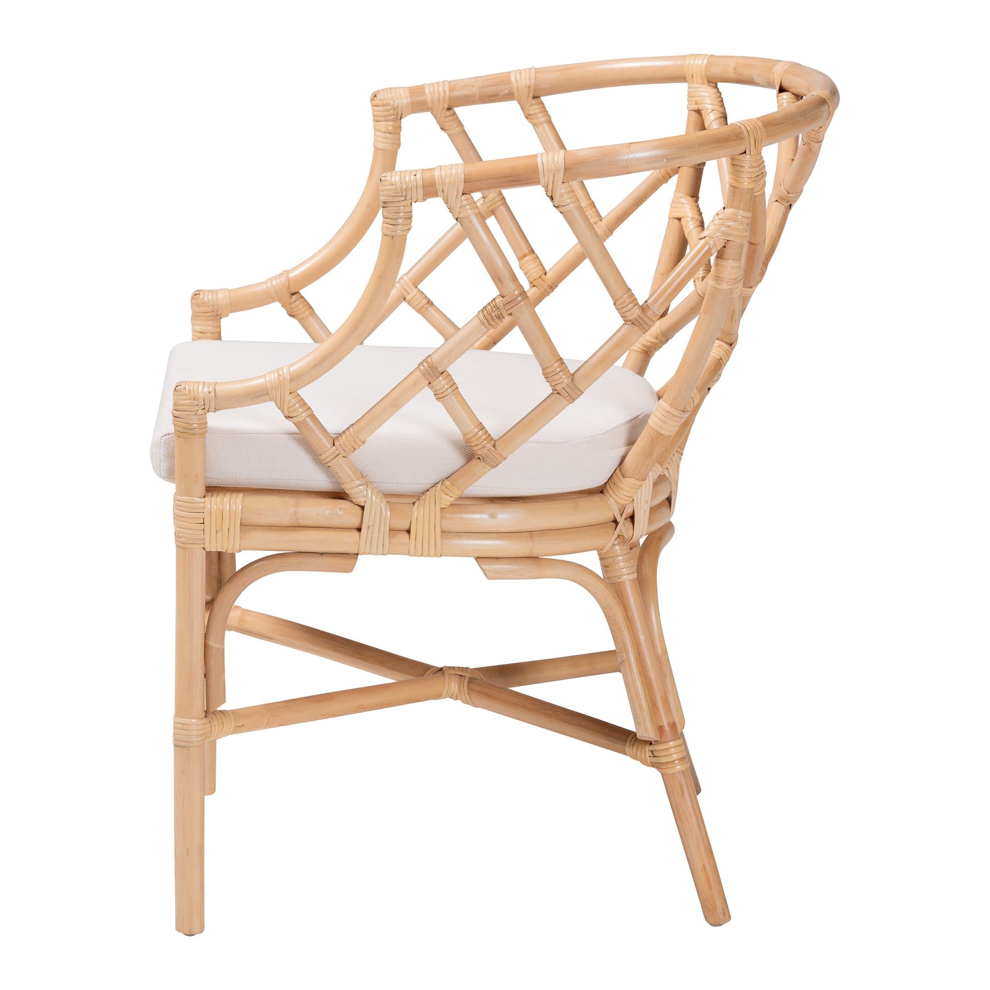 bali & pari Padma Natural Rattan Dining Chair - Handwoven Barrel Accent Chair with Bamboo-Style Frame and Lattice Detail for Boho, Coastal, or Tropical Dining or Lounge Area