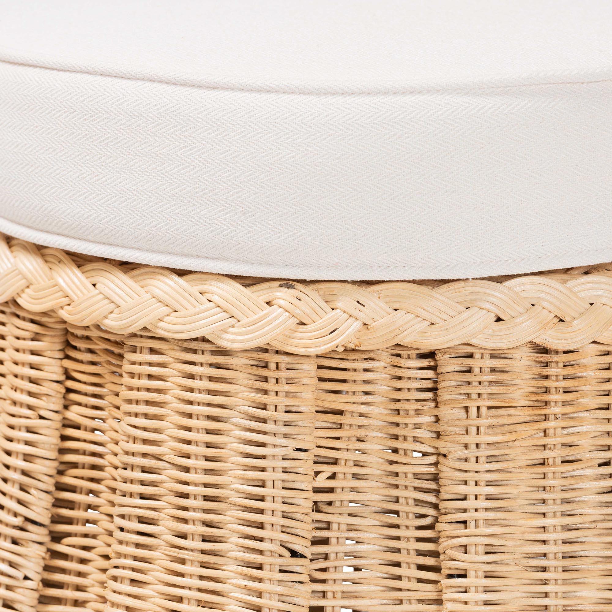 Ying Round Natural Rattan Ottoman with Cushion - Handwoven Wicker Pleated Skirt Accent Coffee Table or Extra Seating for Living Room or Sunroom, Small