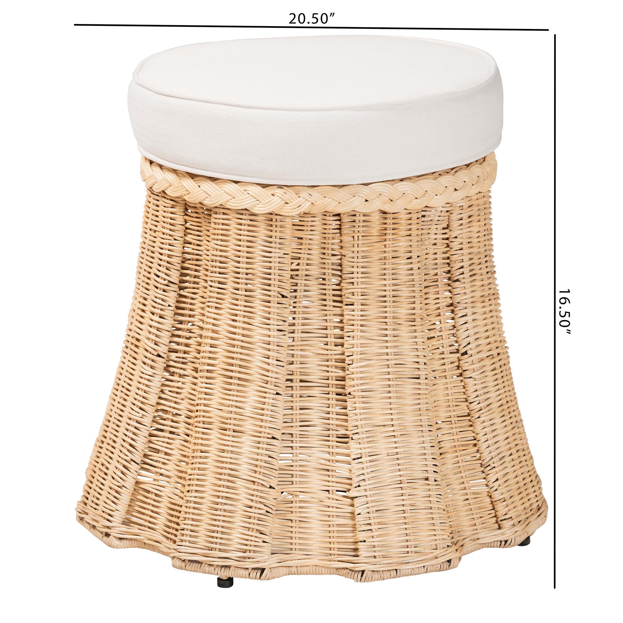 Ying Round Natural Rattan Ottoman with Cushion - Handwoven Wicker Pleated Skirt Accent Coffee Table or Extra Seating for Living Room or Sunroom, Small