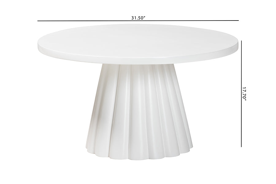 Parvana Round Coffee Table with Fluted Pedestal Base - Contemporary White Resin Accent Table