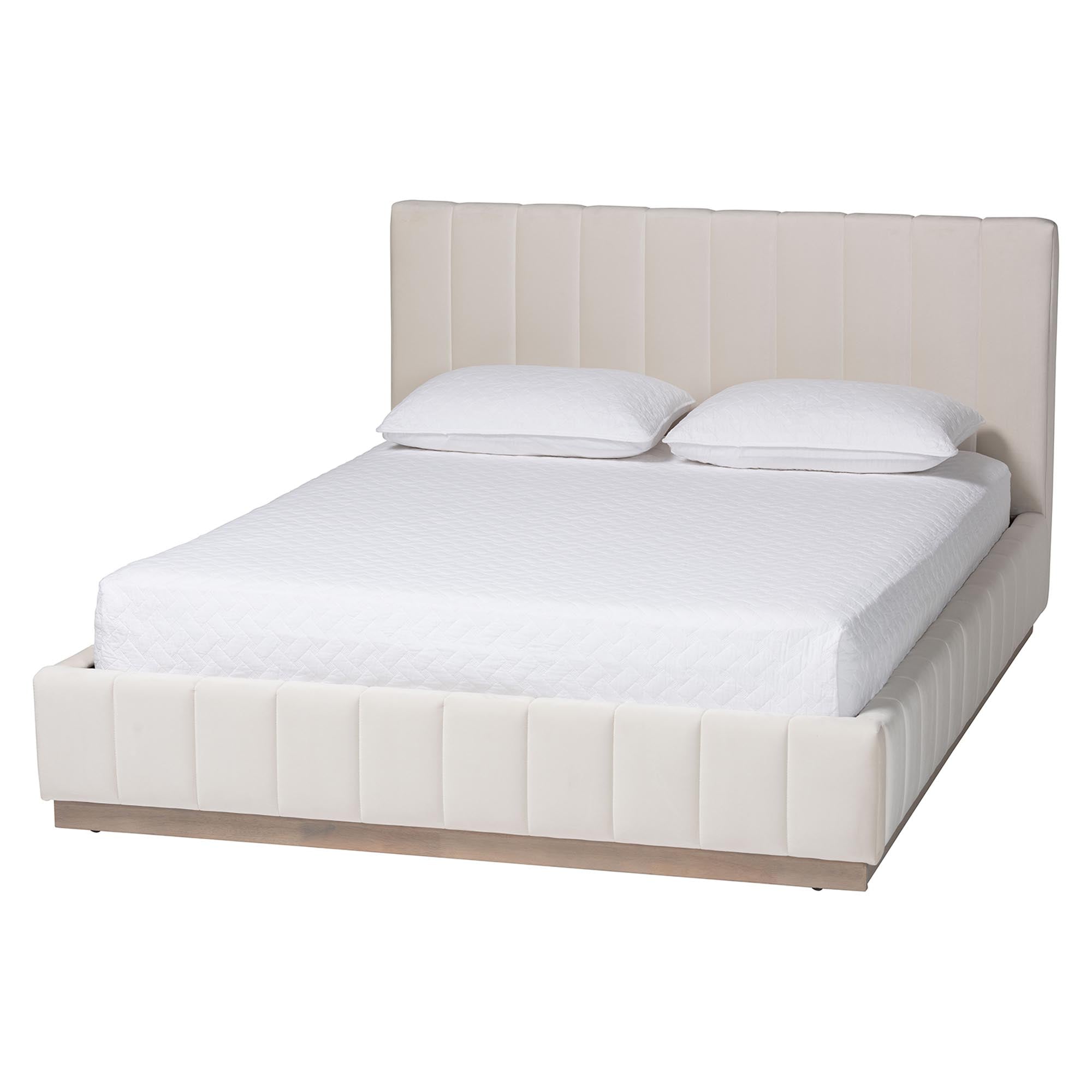 Baxton Studio Granger Velvet Upholstered Platform Bed with Channel Tufted Headboard, Modern Low Profile Bed Frame, Alabaster White, Queen