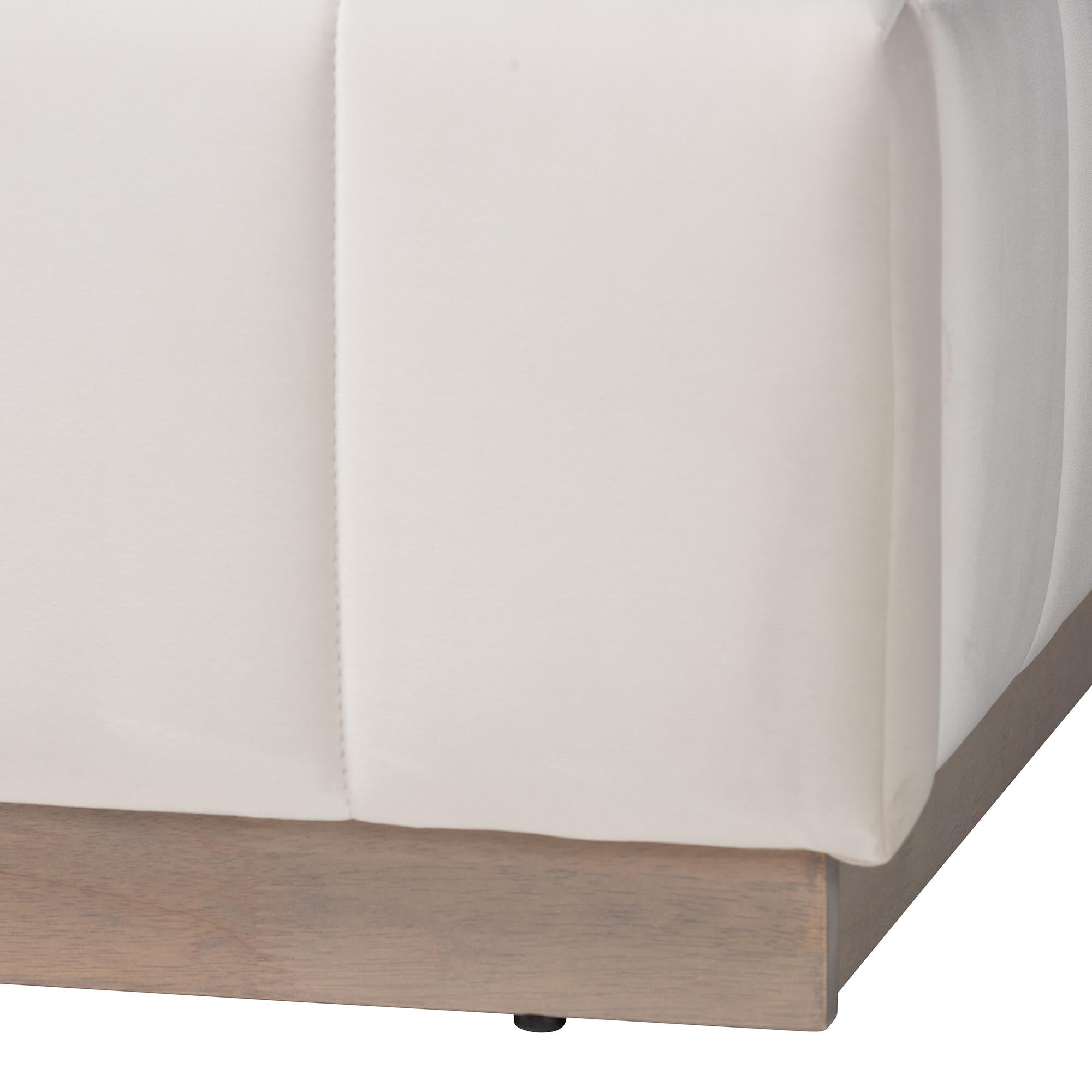 Granger Velvet Upholstered Platform Bed with Channel Tufted Headboard, Modern Low Profile Bed Frame, Alabaster White, Queen