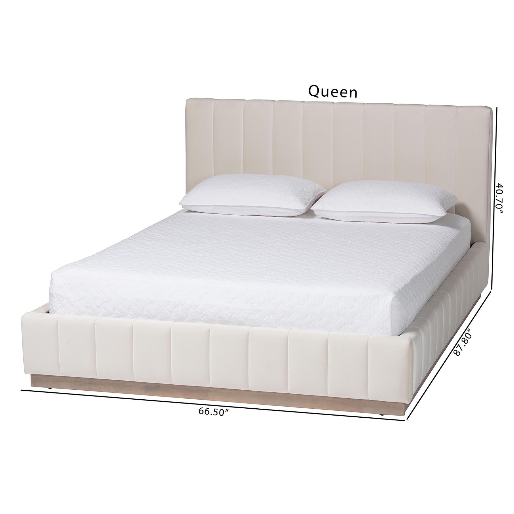 Granger Velvet Upholstered Platform Bed with Channel Tufted Headboard, Modern Low Profile Bed Frame, Alabaster White, Queen