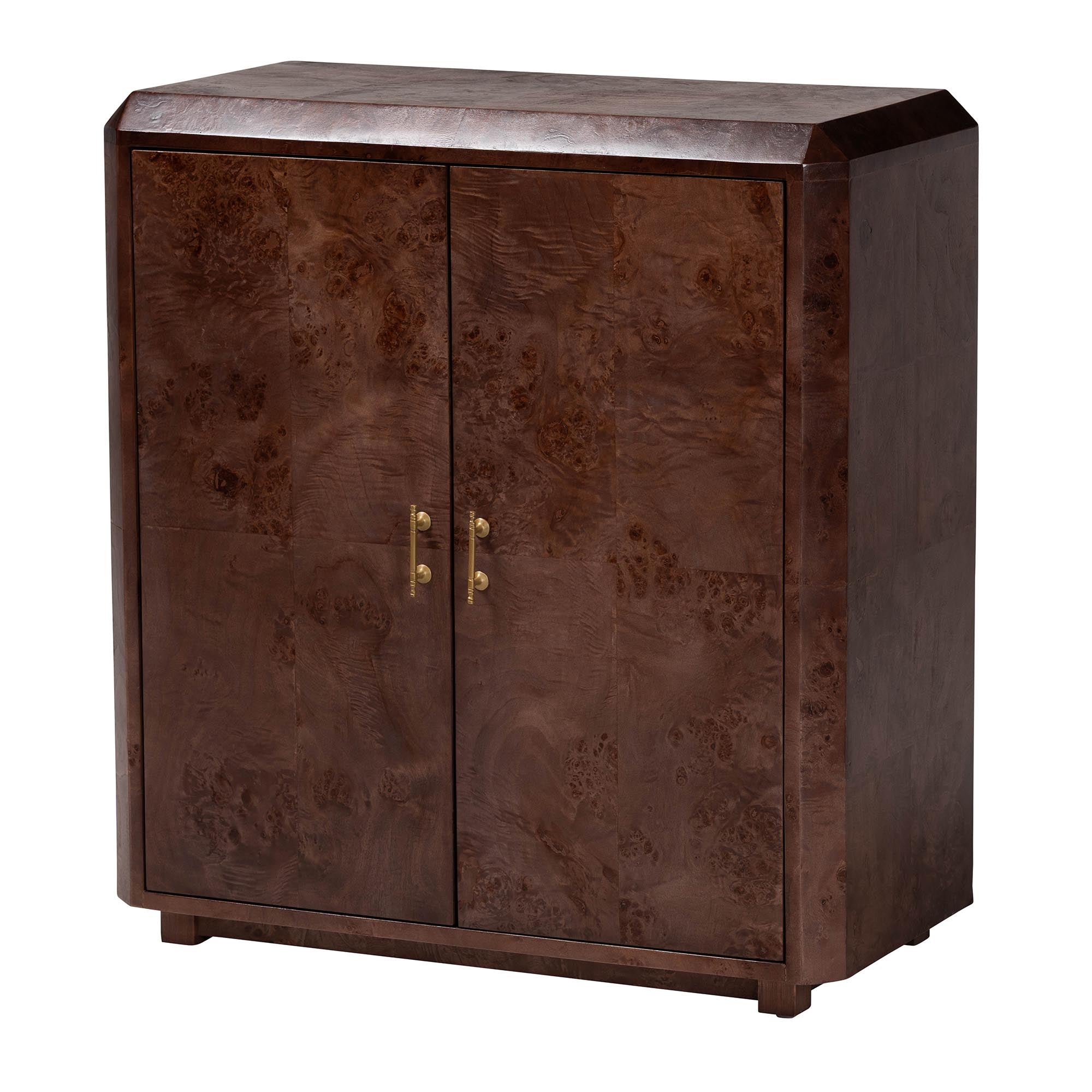 bali & pari Valora Real Burl Wood Storage Cabinet in Dark Walnut Brown - Modern Accent Cupboard with Double Doors and Brass Handles, Elegant Sideboard for Living Room, Entryway or Dining Area