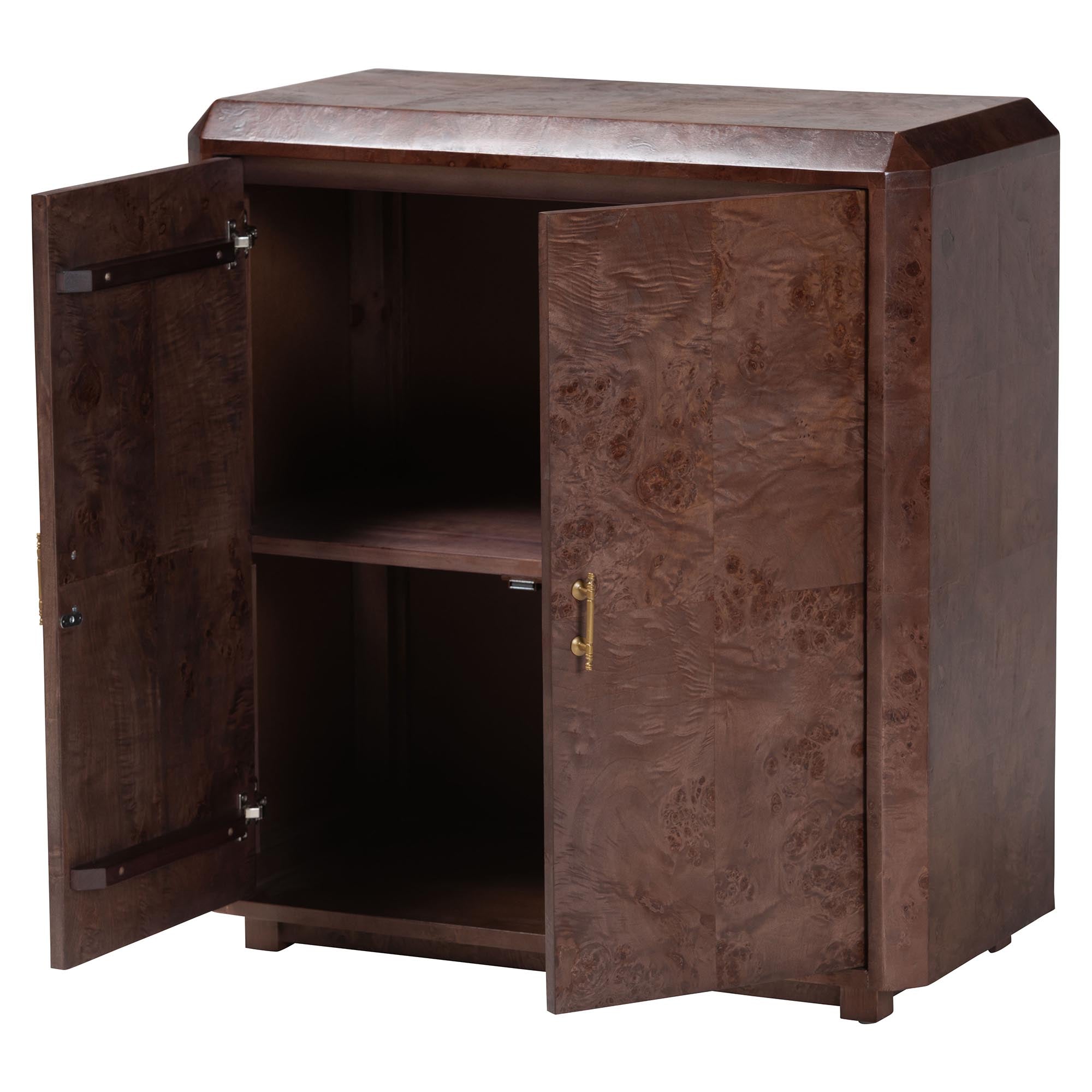 Valora Real Burl Wood Storage Cabinet in Dark Walnut Brown - Modern Accent Cupboard with Double Doors and Brass Handles, Elegant Sideboard for Living Room, Entryway or Dining Area