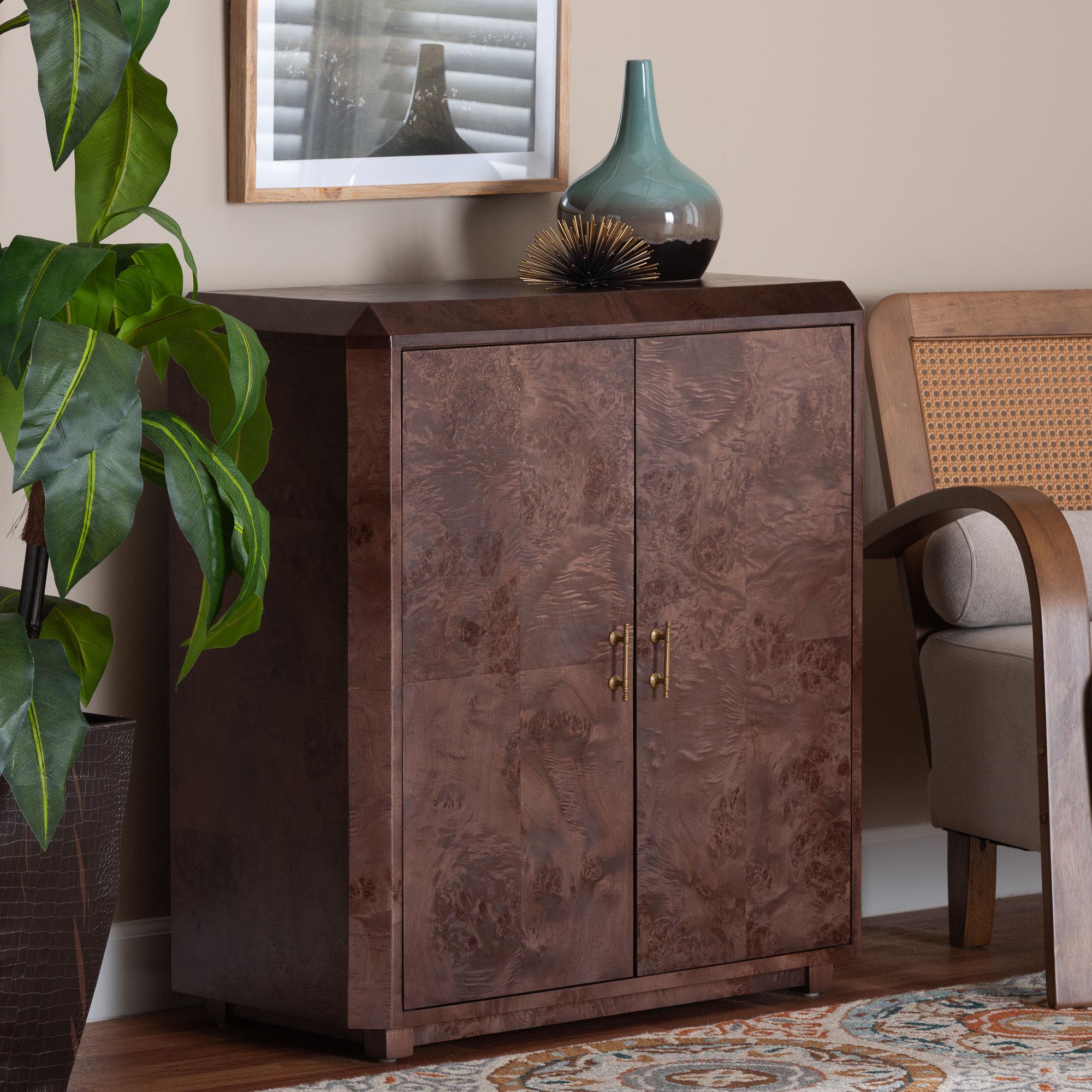 Valora Real Burl Wood Storage Cabinet in Dark Walnut Brown - Modern Accent Cupboard with Double Doors and Brass Handles, Elegant Sideboard for Living Room, Entryway or Dining Area