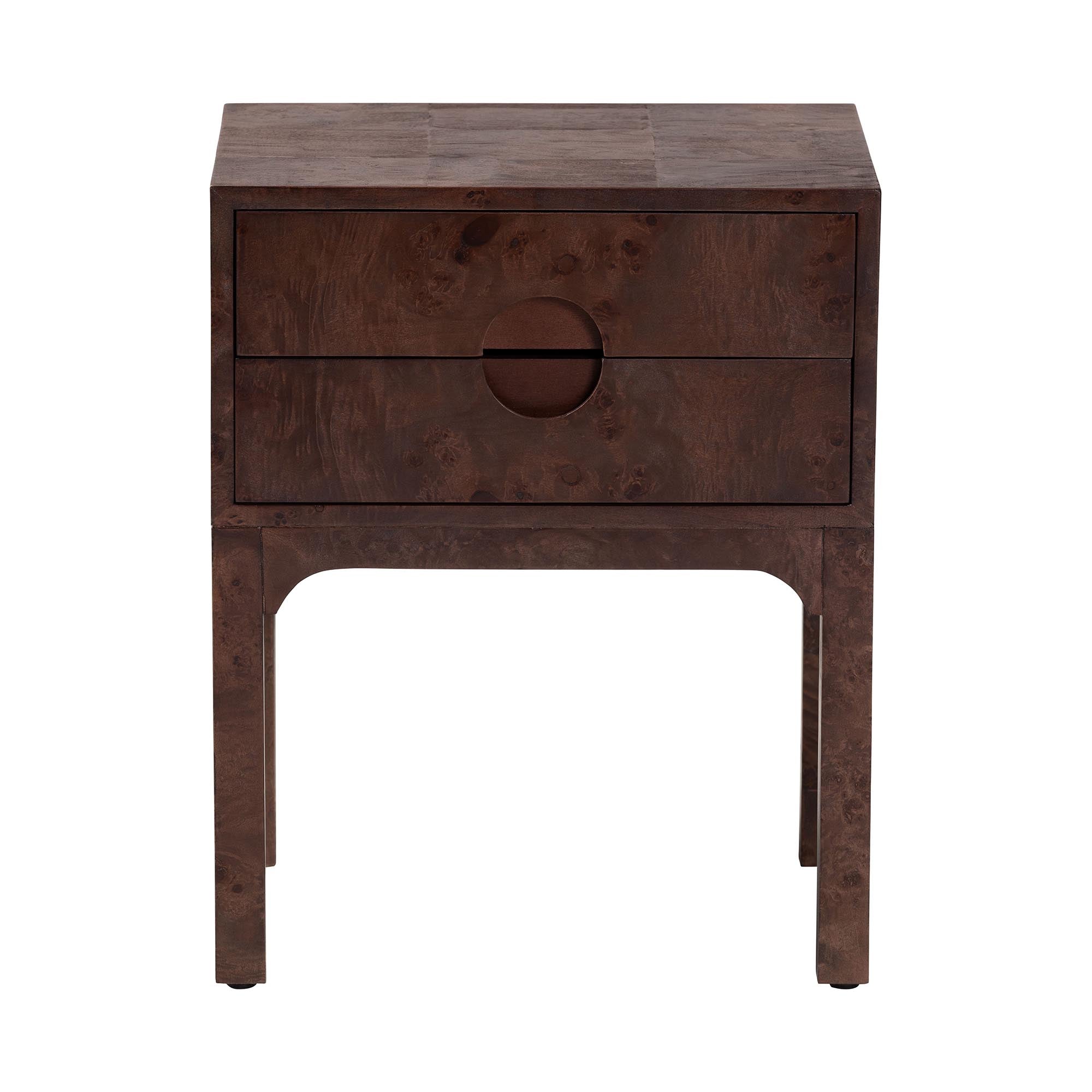 Kayla Real Burl Wood Nightstand in Dark Walnut Brown - Modern Bedside Table with Two Drawers and Cutout Handle Design