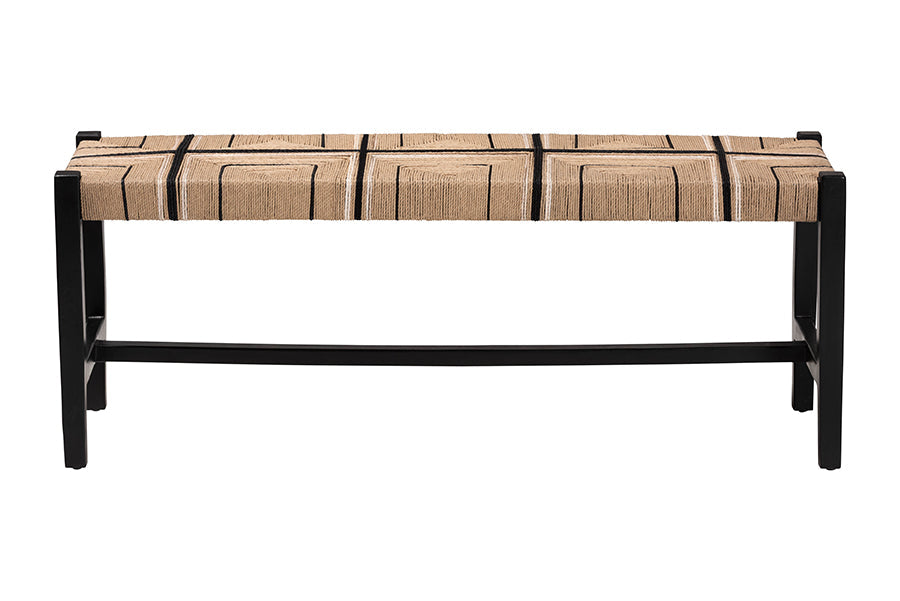 bali & pari Prita Woven Paper Loom Bench with Mahogany Wood Frame - Handcrafted Accent Seating for Dining Room or Entryway, Black