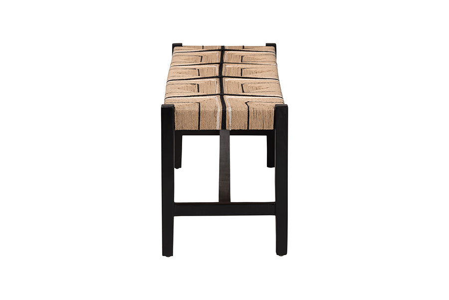 bali & pari Prita Woven Paper Loom Bench with Mahogany Wood Frame - Handcrafted Accent Seating for Dining Room or Entryway, Black