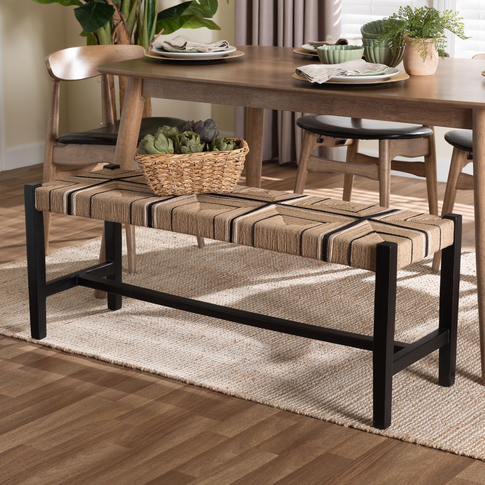 Prita Woven Paper Loom Bench with Mahogany Wood Frame - Handcrafted Accent Seating for Dining Room