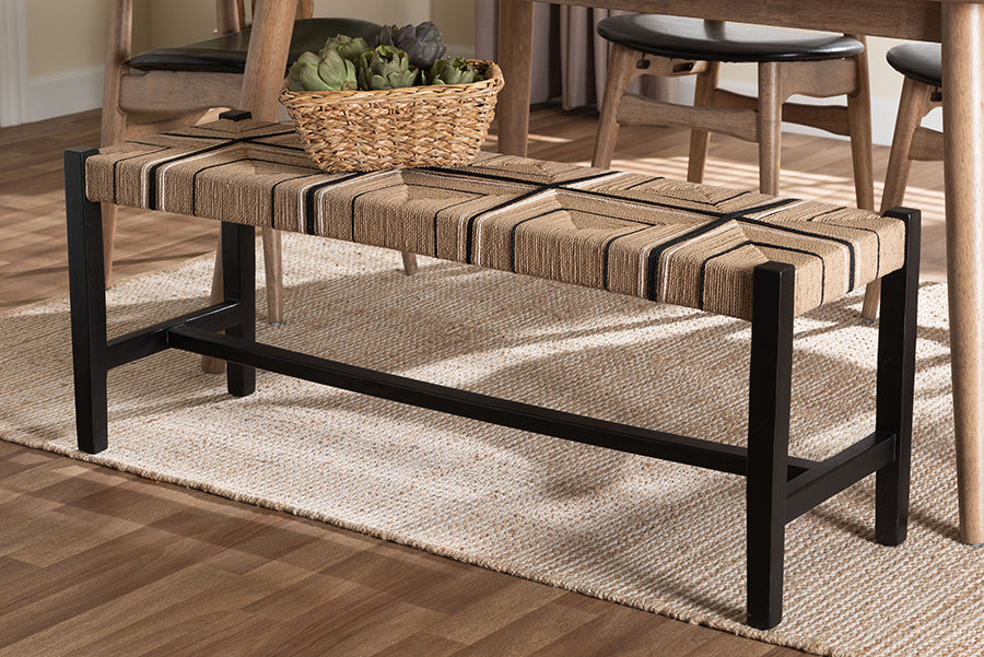 bali & pari Prita Woven Paper Loom Bench with Mahogany Wood Frame - Handcrafted Accent Seating for Dining Room or Entryway, Black