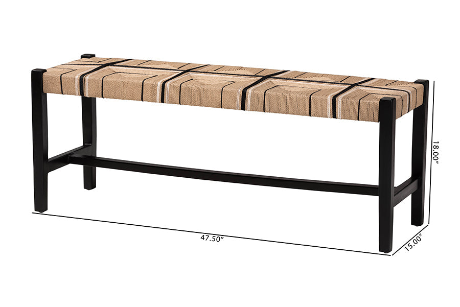 bali & pari Prita Woven Paper Loom Bench with Mahogany Wood Frame - Handcrafted Accent Seating for Dining Room or Entryway, Black