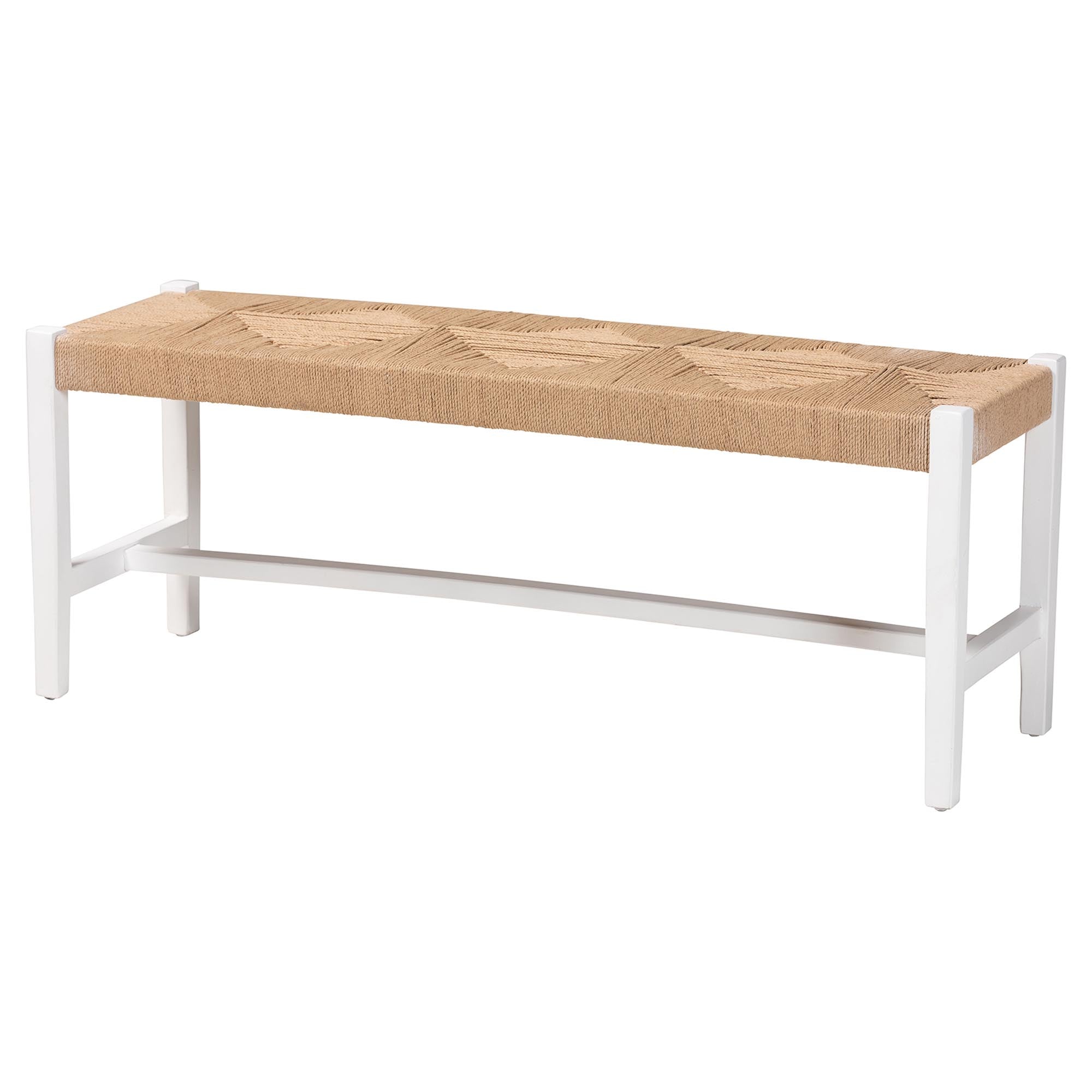 bali & pari Prita Woven Paper Loom Bench with Mahogany Wood Frame - Handcrafted Accent Seating for Dining Room or Entryway, White