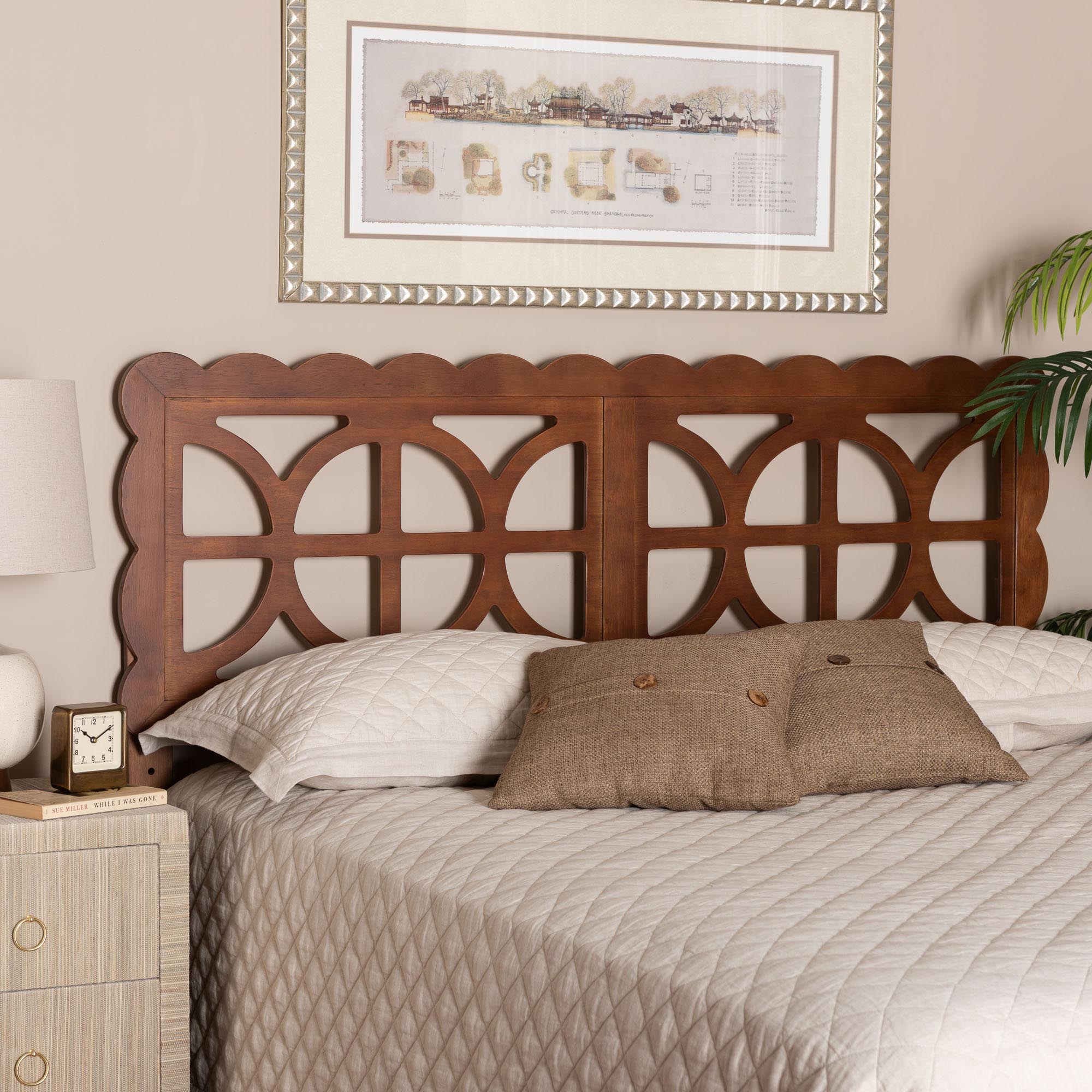 Nansen Wood Headboard with Scalloped Frame - Geometric Cutout Decorative Panel for Bed Frame, Modern Coastal Bedroom Accent with Adjustable Height, Queen, Walnut