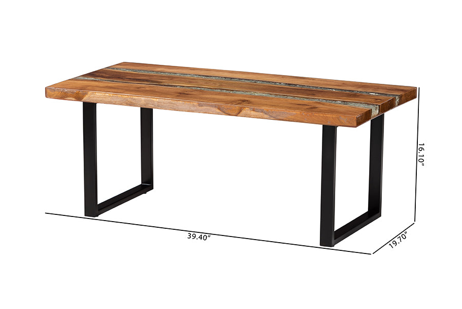 Apio Wood Epoxy Resin Coffee Table with Glass Inlay - Rectangular Live Edge Teak wood Accent Table with Black Metal Base, Modern Rustic Centerpiece