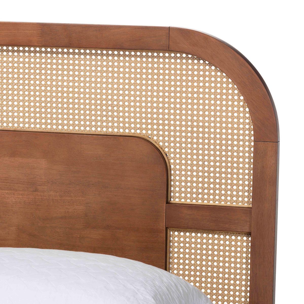 Raewyn Wood Platform Bed - Low Profile Bed Frame with Decorative Rattan Weave Inlay and Rounded Headboard, Queen
