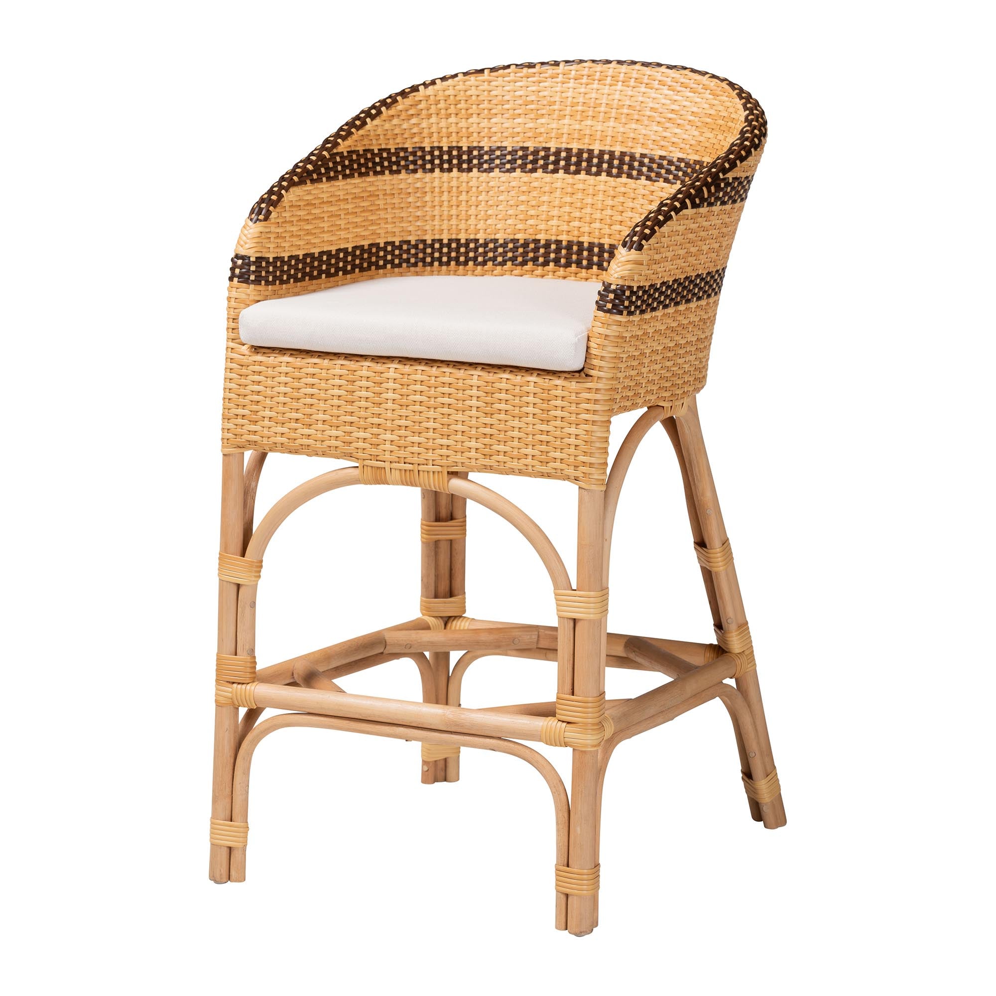 Elma Rattan Counter Stool with Cushion - Barrel-Back Counter Chair with Synthetic Woven and Natural Rattan Frame, Boho Coastal Style Seating for Kitchen or Lounge