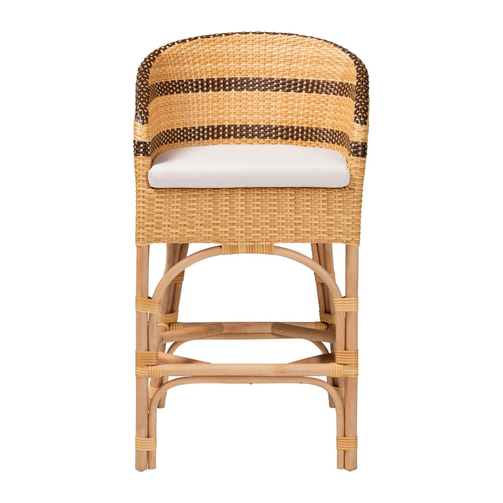 Elma Rattan Counter Stool with Cushion - Barrel-Back Counter Chair with Synthetic Woven and Natural Rattan Frame, Boho Coastal Style Seating for Kitchen or Lounge