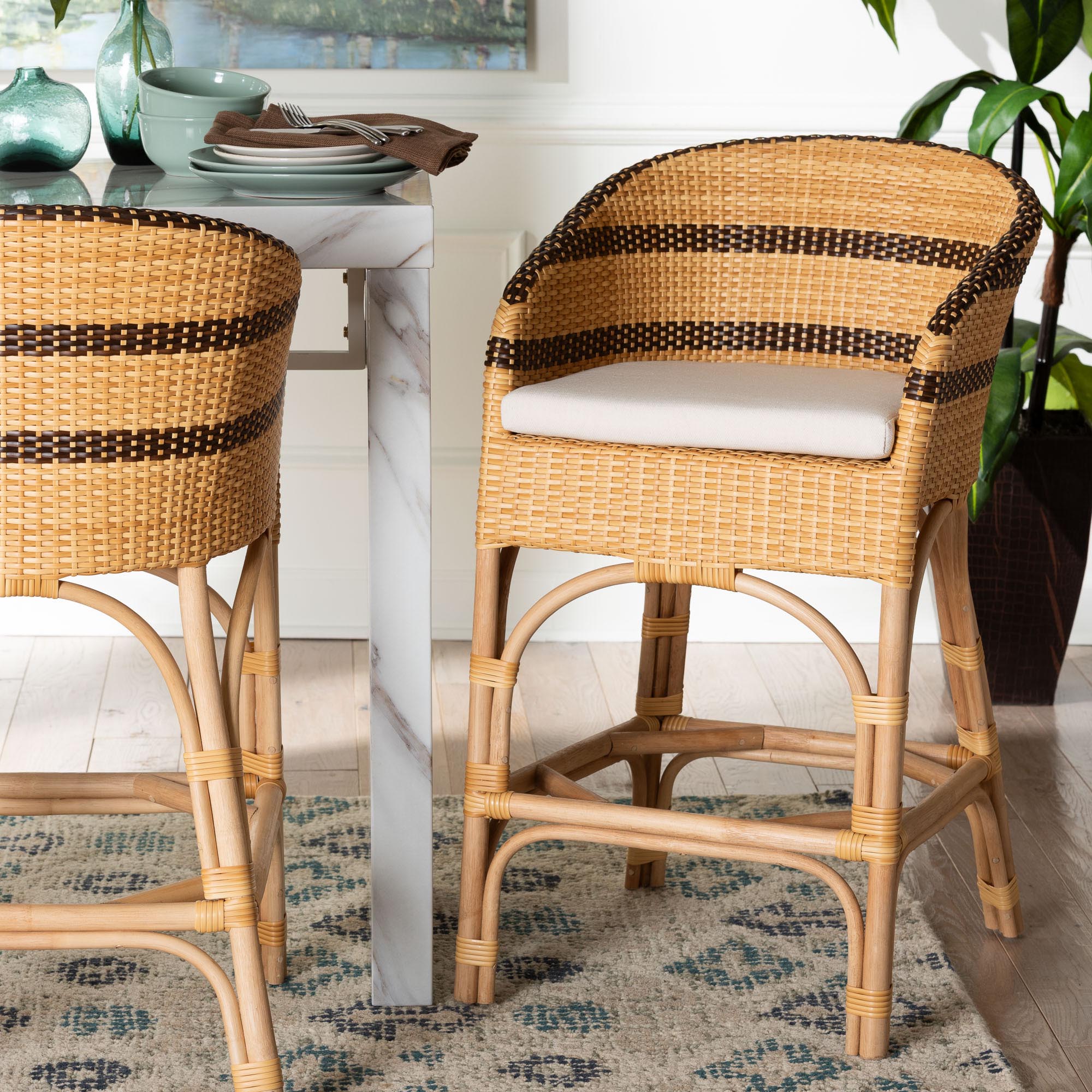Elma Rattan Counter Stool with Cushion - Barrel-Back Counter Chair with Synthetic Woven and Natural Rattan Frame, Boho Coastal Style Seating for Kitchen or Lounge
