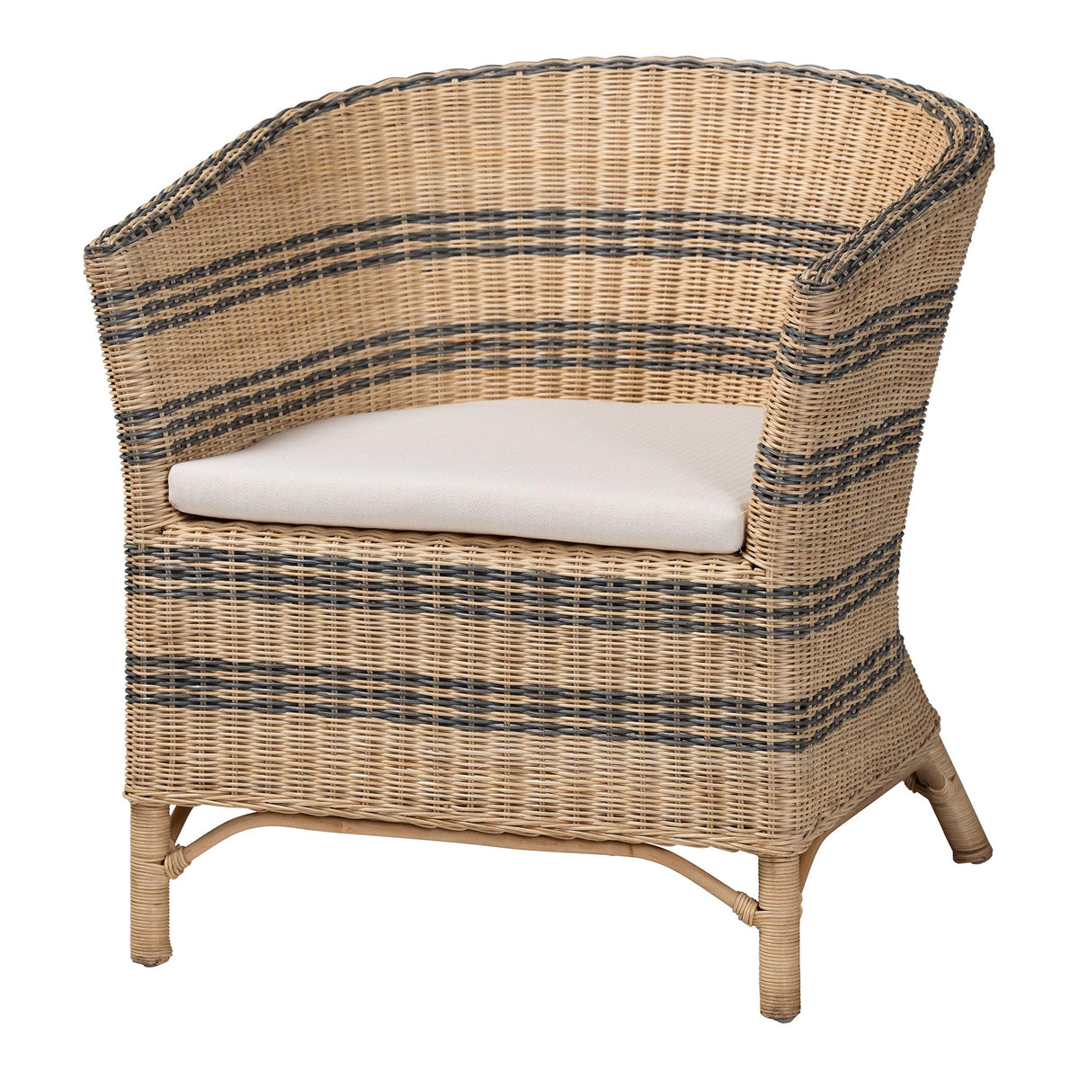bali & pari Elda Natural Rattan Accent Chair - Wicker Barrel-Back Chair with Two-Tone Woven Stripes and Cushion, Coastal Boho Style Seating for Living Room or Sunroom