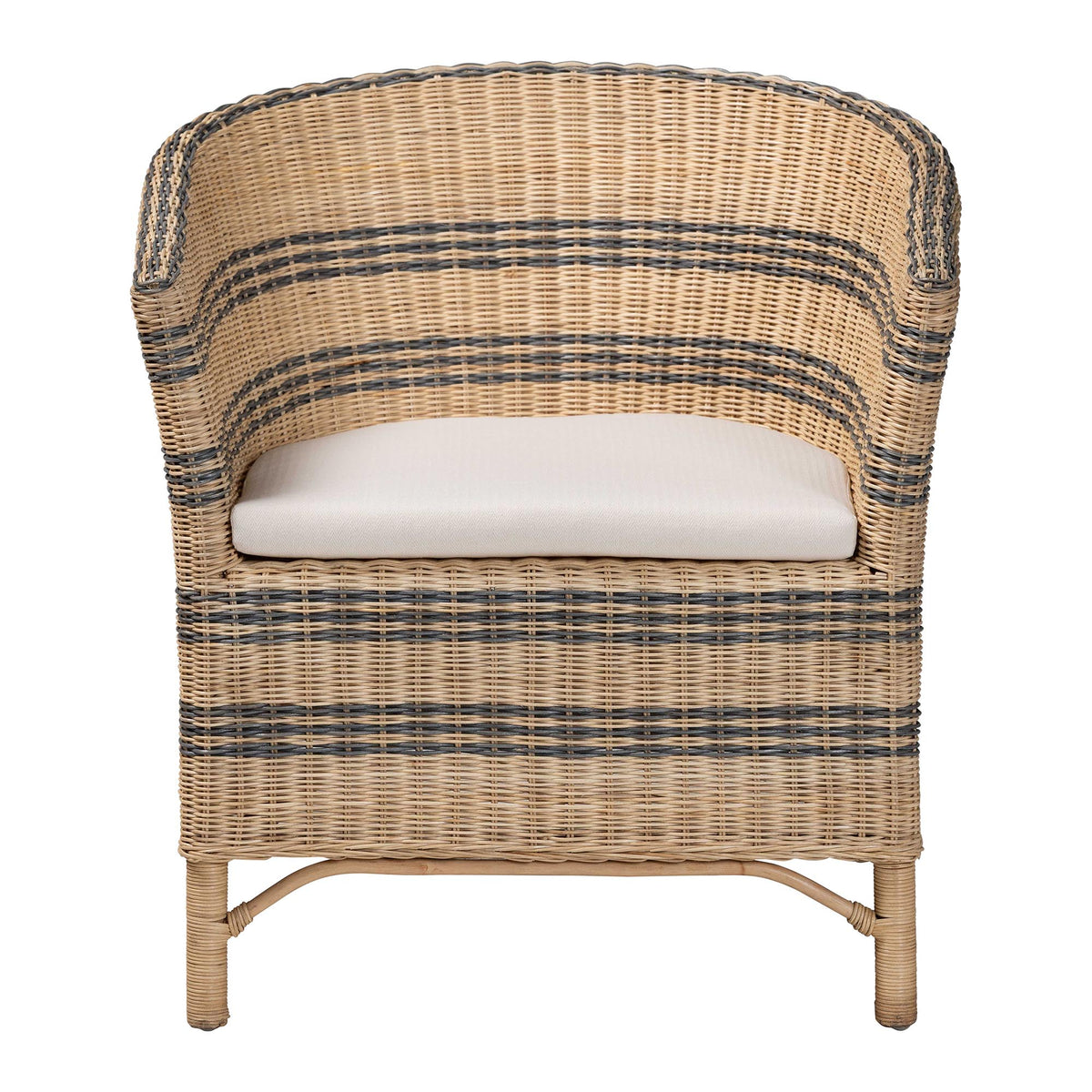 bali & pari Elda Natural Rattan Accent Chair - Wicker Barrel-Back Chair with Two-Tone Woven Stripes and Cushion, Coastal Boho Style Seating for Living Room or Sunroom