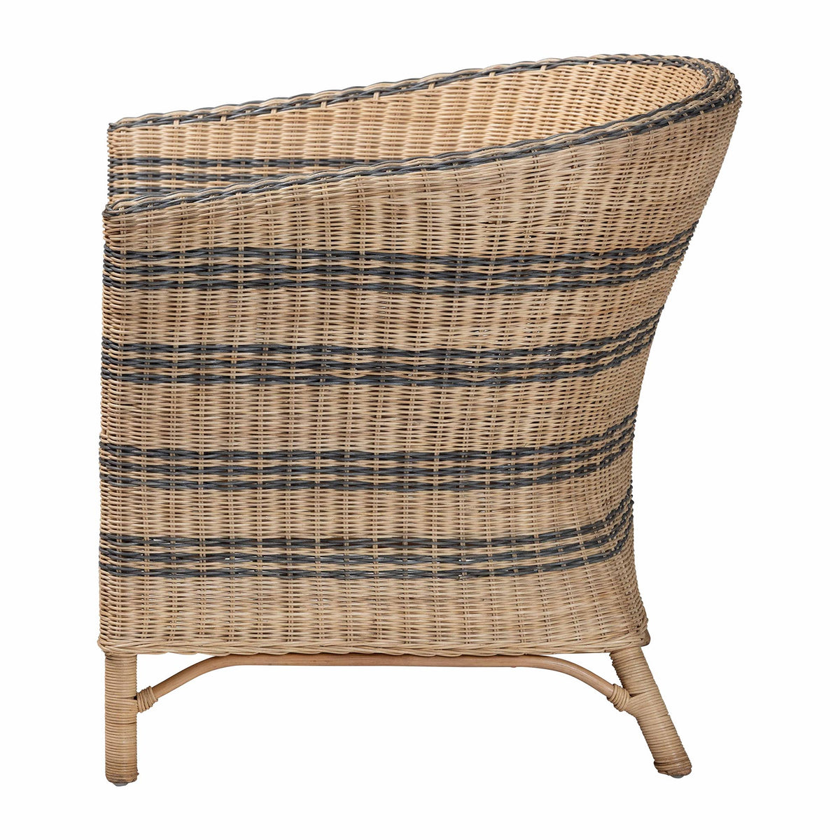 bali & pari Elda Natural Rattan Accent Chair - Wicker Barrel-Back Chair with Two-Tone Woven Stripes and Cushion, Coastal Boho Style Seating for Living Room or Sunroom