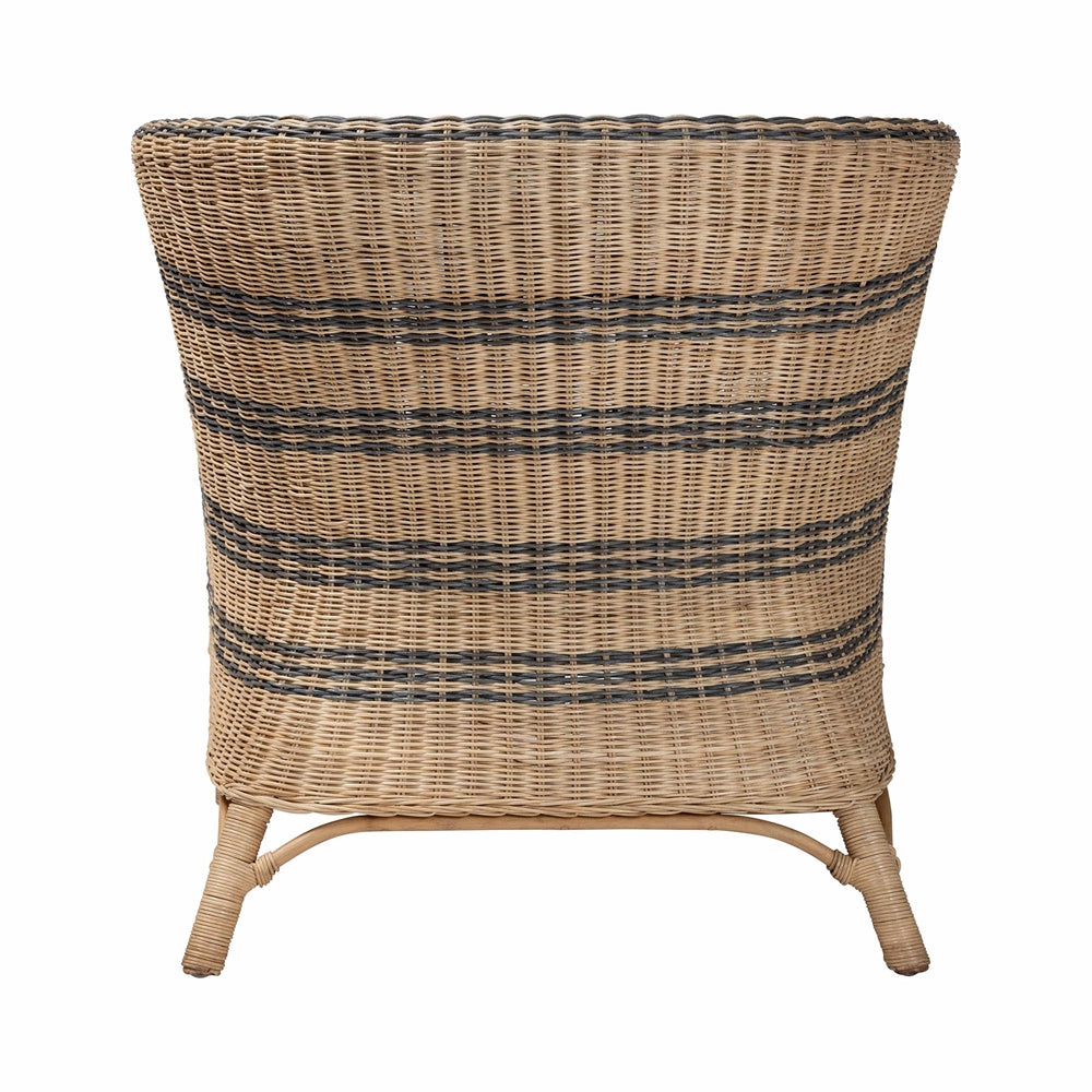 bali & pari Elda Natural Rattan Accent Chair - Wicker Barrel-Back Chair with Two-Tone Woven Stripes and Cushion, Coastal Boho Style Seating for Living Room or Sunroom