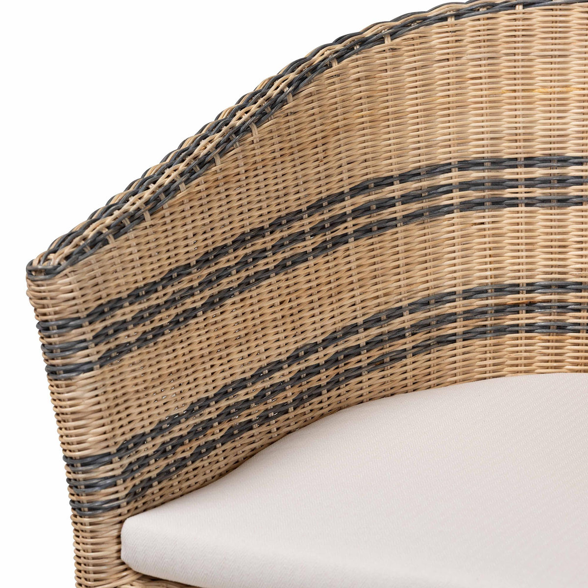 bali & pari Elda Natural Rattan Accent Chair - Wicker Barrel-Back Chair with Two-Tone Woven Stripes and Cushion, Coastal Boho Style Seating for Living Room or Sunroom