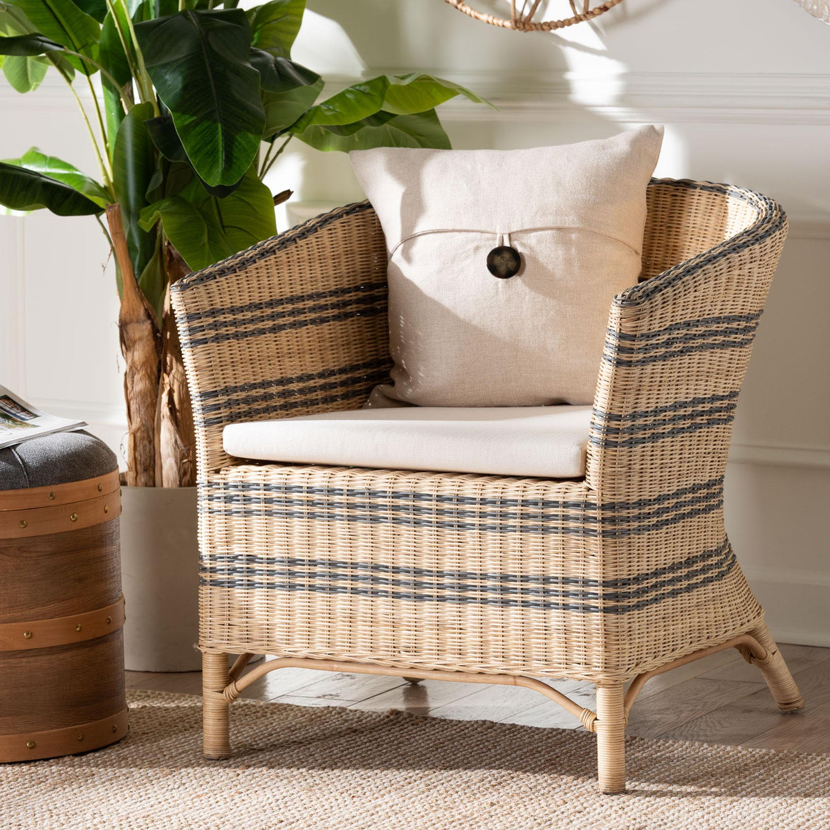 bali & pari Elda Natural Rattan Accent Chair - Wicker Barrel-Back Chair with Two-Tone Woven Stripes and Cushion, Coastal Boho Style Seating for Living Room or Sunroom
