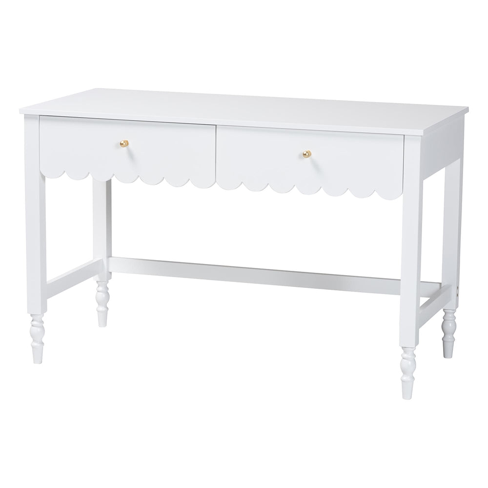 Roni Writing Desk with Drawers - Modern Cottage Style Desk with Scalloped Detailing for Home Office or Vanity, White