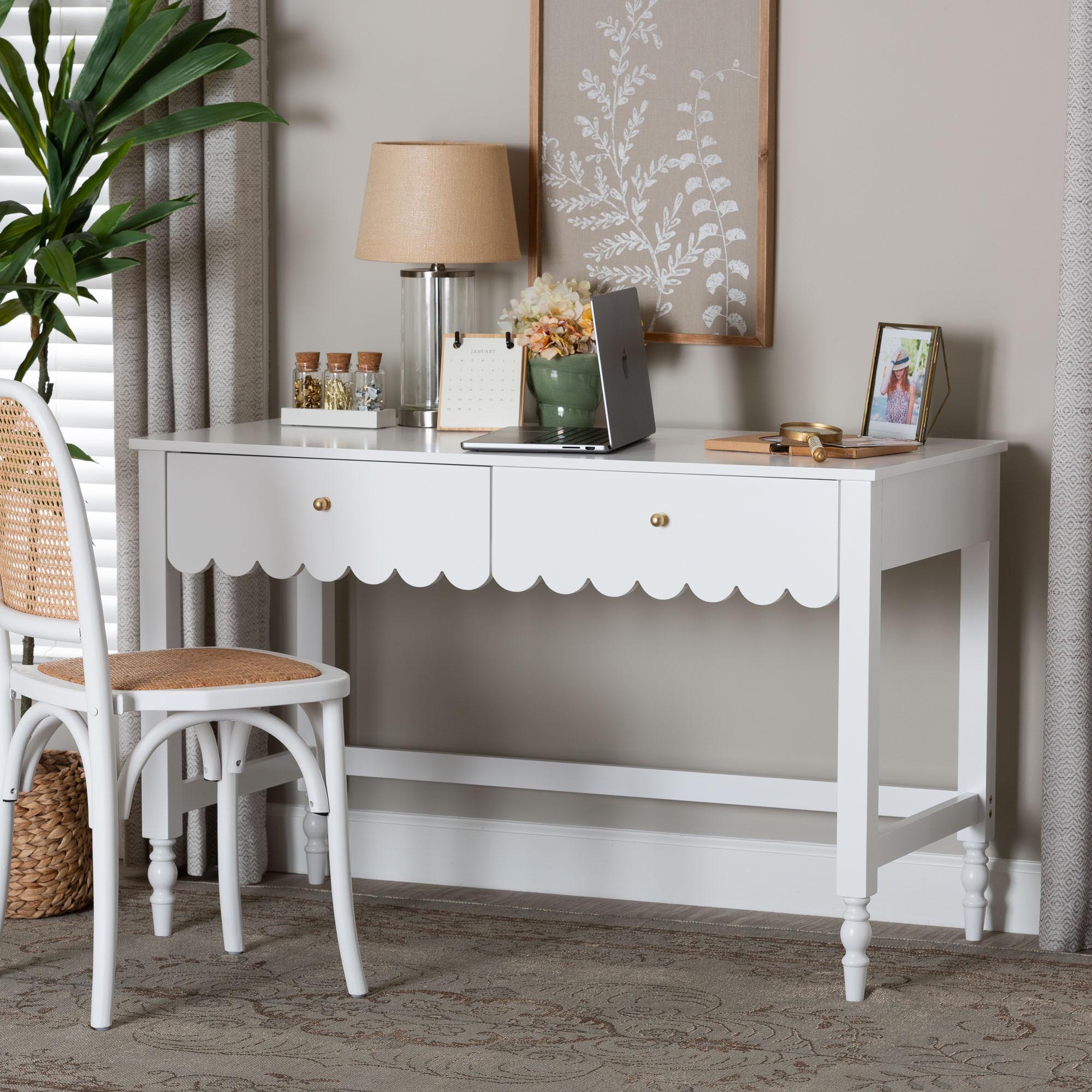 Roni Writing Desk with Drawers - Modern Cottage Style Desk with Scalloped Detailing for Home Office or Vanity, White